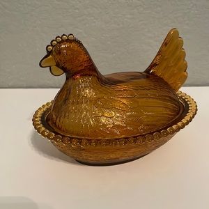 Clear, brown glass rooster covered candy dish